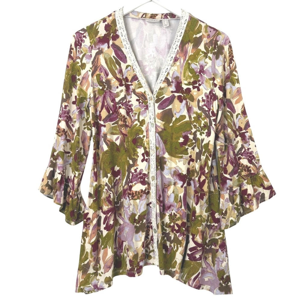 LOGO Lori Goldstein Cardigan Top Size S Multicolor Floral‎ Lace Trim Bell Sleeve